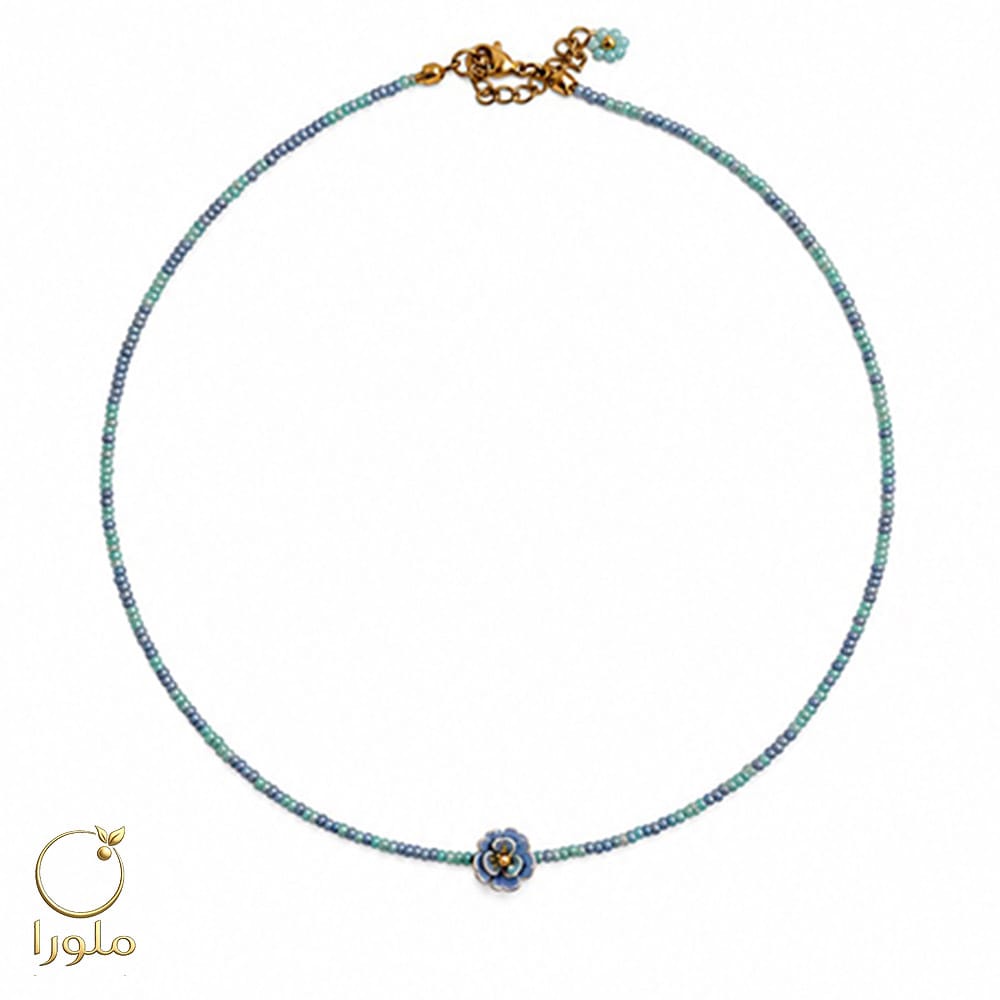 گردنبند گل منجوقی آبی و گوی طلا کد 11001