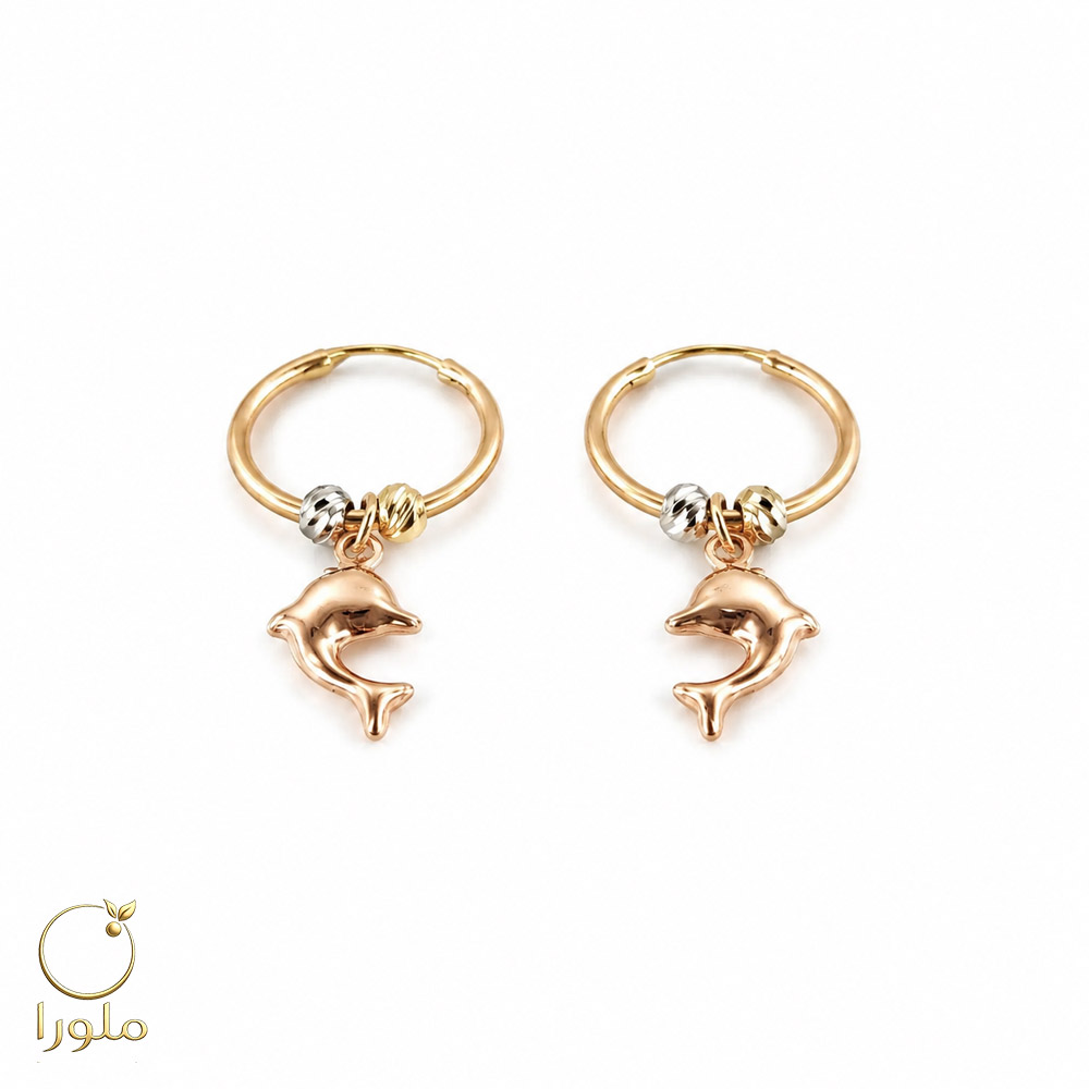 گوشواره حلقه ای طلا زرد با آویز ماهی کد 24001