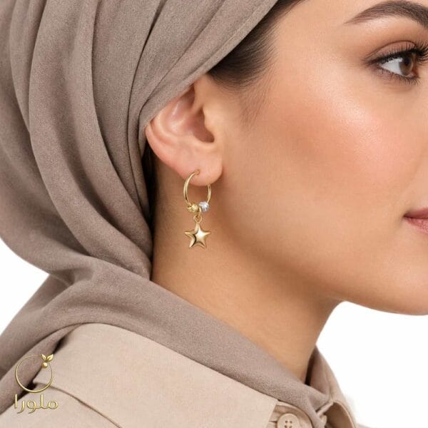 تن پوش گوشواره حلقه ای طلا با آویز ستاره و گوی کد 24006 وزن 1.97 گرم
