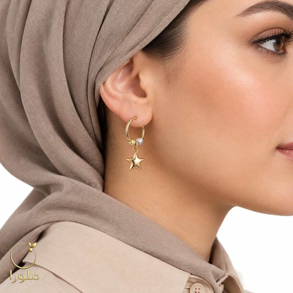 تن پوش گوشواره حلقه ای طلا با آویز ستاره و گوی کد 24006 وزن 1.97 گرم