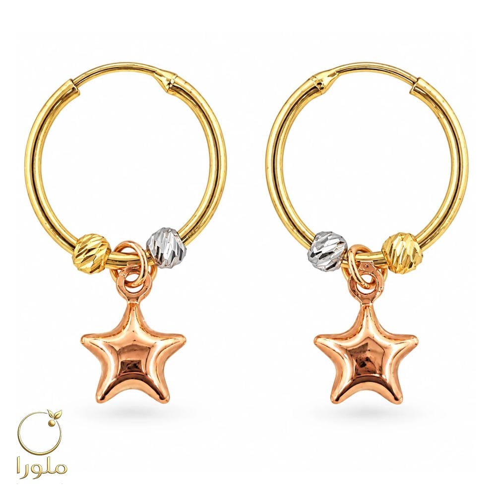 گوشواره حلقه ای طلا با آویز ستاره و گوی کد 24006 وزن 1.97 گرم