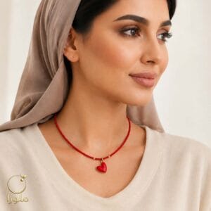 تن پوش گردنبند منجوق قرمز و قلب با گوی آلبرنادو طلا 18 عیار کد 11008